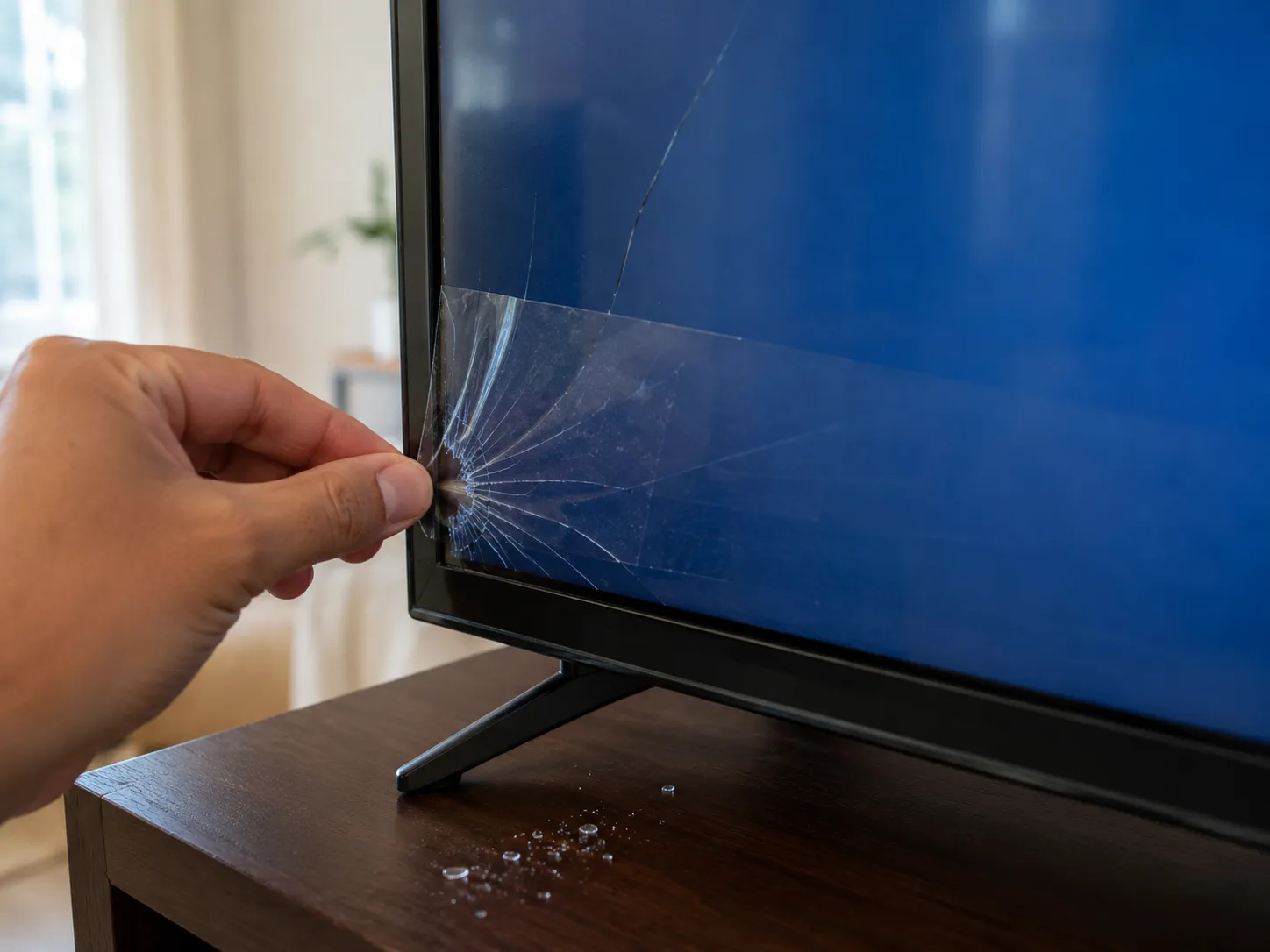 Adult hand applying clear protective film over the cracked lower-left corner of a flat-screen TV, with small glass flecks on the wooden console to help contain loose shards.