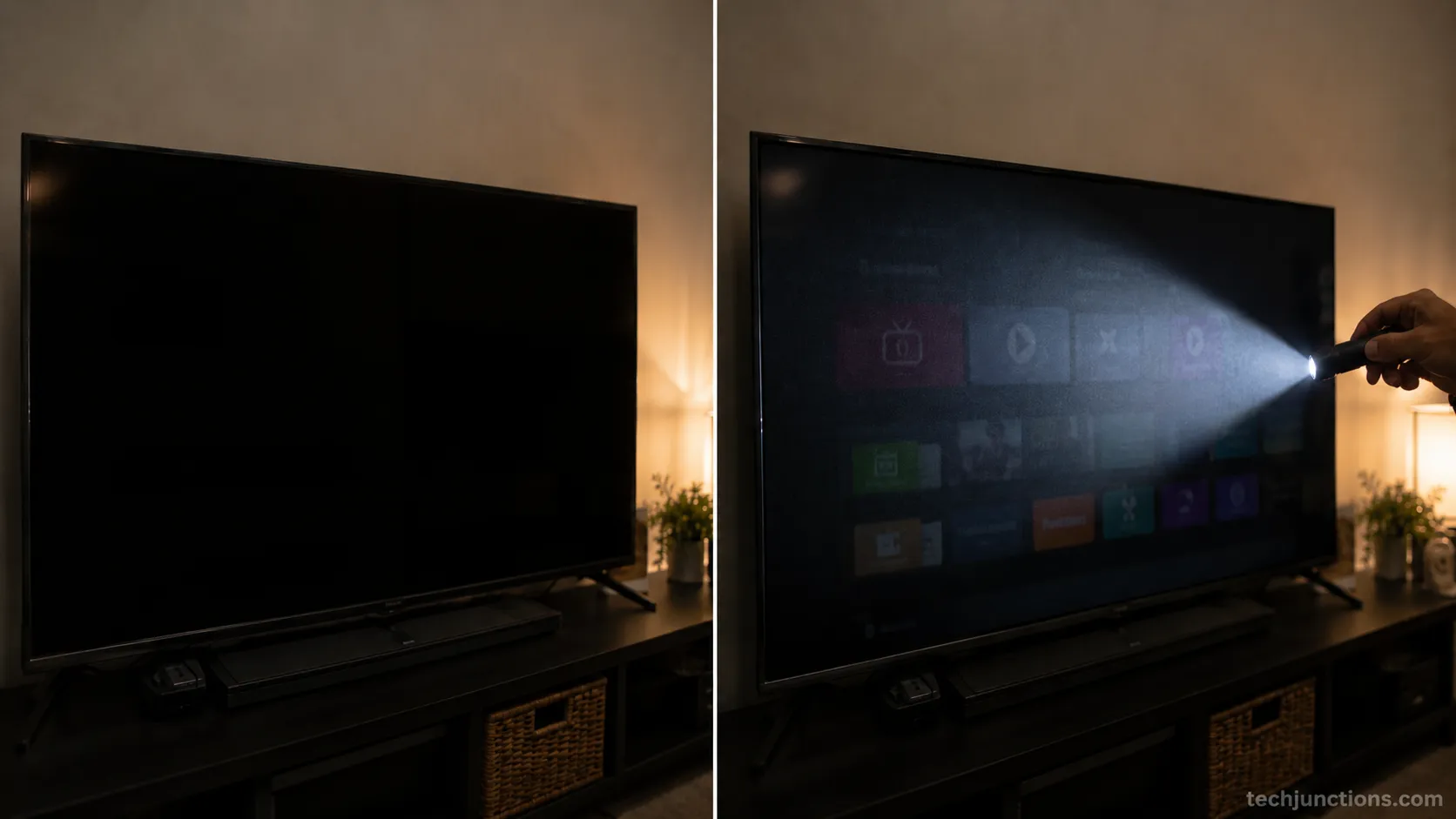 Before-and-after flashlight test showing a faint image on a black TV screen, confirming a backlight defect.