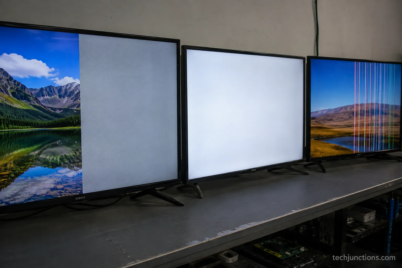 Three TVs showing half-screen, white-raster, and vertical-line T-Con board symptoms side by side.