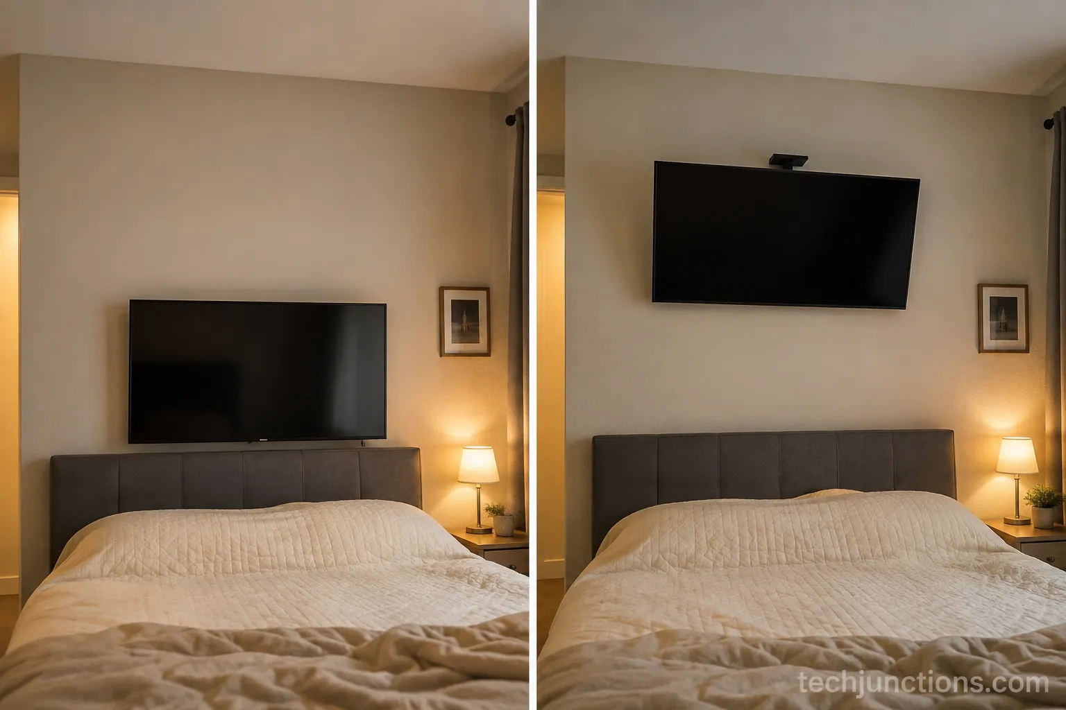 Bedroom TV re-mounted higher with a downward tilt for watching from bed.