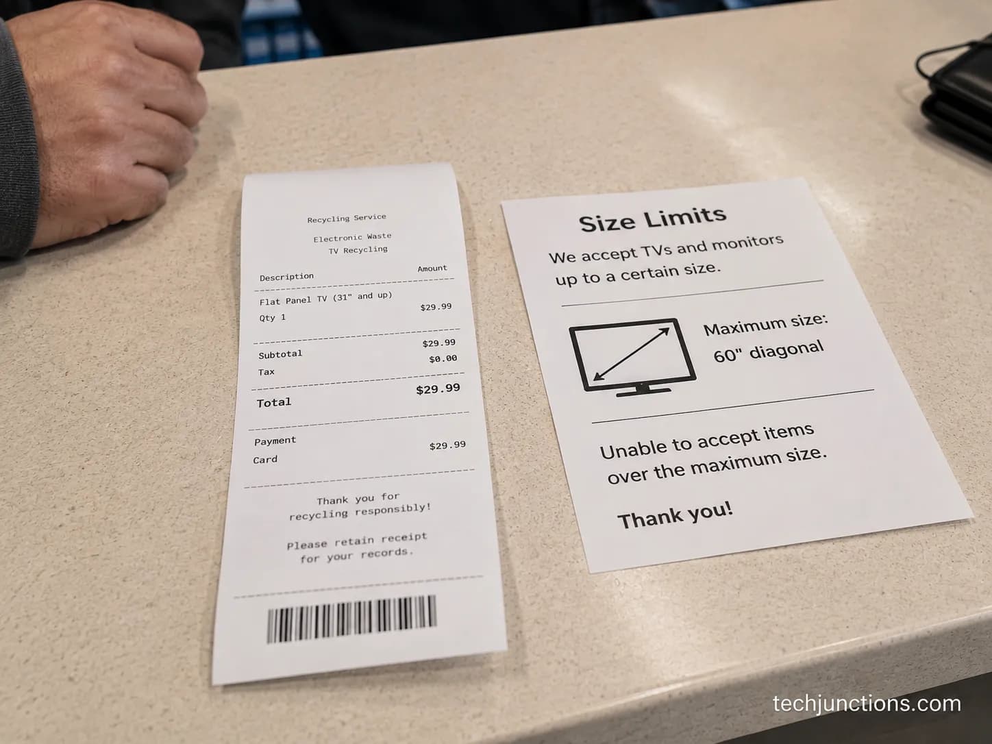 Retail recycling receipt and size-limit notice on a store counter