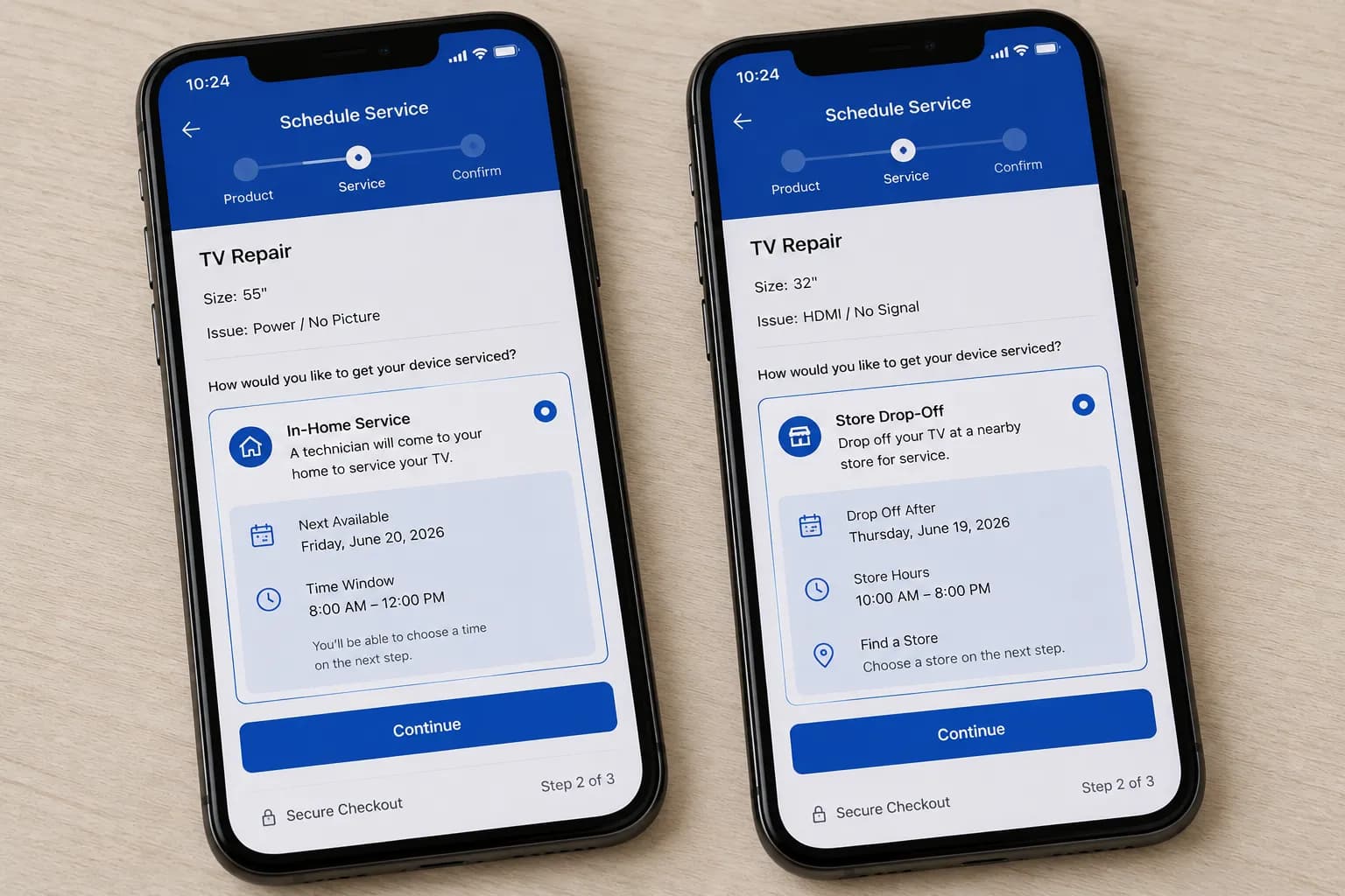 Two smartphone booking screens comparing in-home TV repair for a 55-inch TV and store drop-off service for a 32-inch TV using a generic repair scheduling interface.