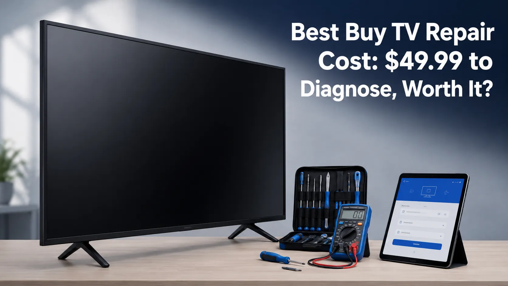 55-inch flat-screen TV beside a diagnostic toolkit and service-booking tablet, illustrating Best Buy TV repair cost, diagnosis service, and repair evaluation.