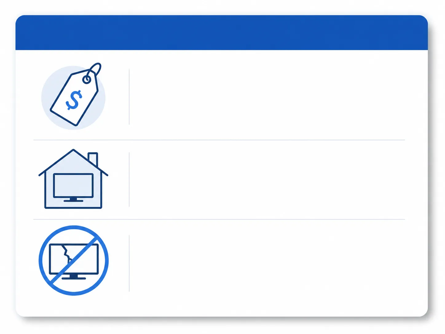 Infographic summary card showing Best Buy TV repair diagnostic fee, 42-inch in-home service eligibility, and cracked screen repair exclusion with simple line icons.