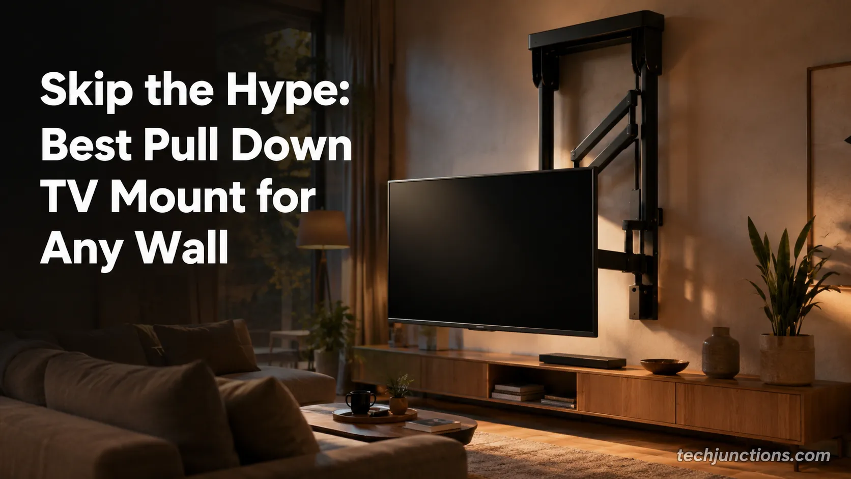 Best pull down TV mount lowered to seated eye level in a living room