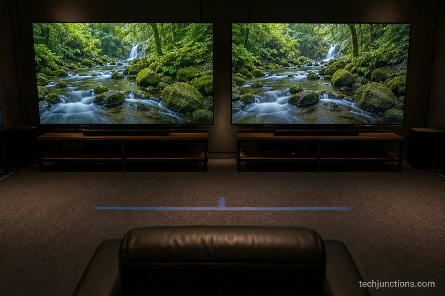 Two identical TVs showing the same frame in 4K and 1080p during a blind viewing-distance comparison test.