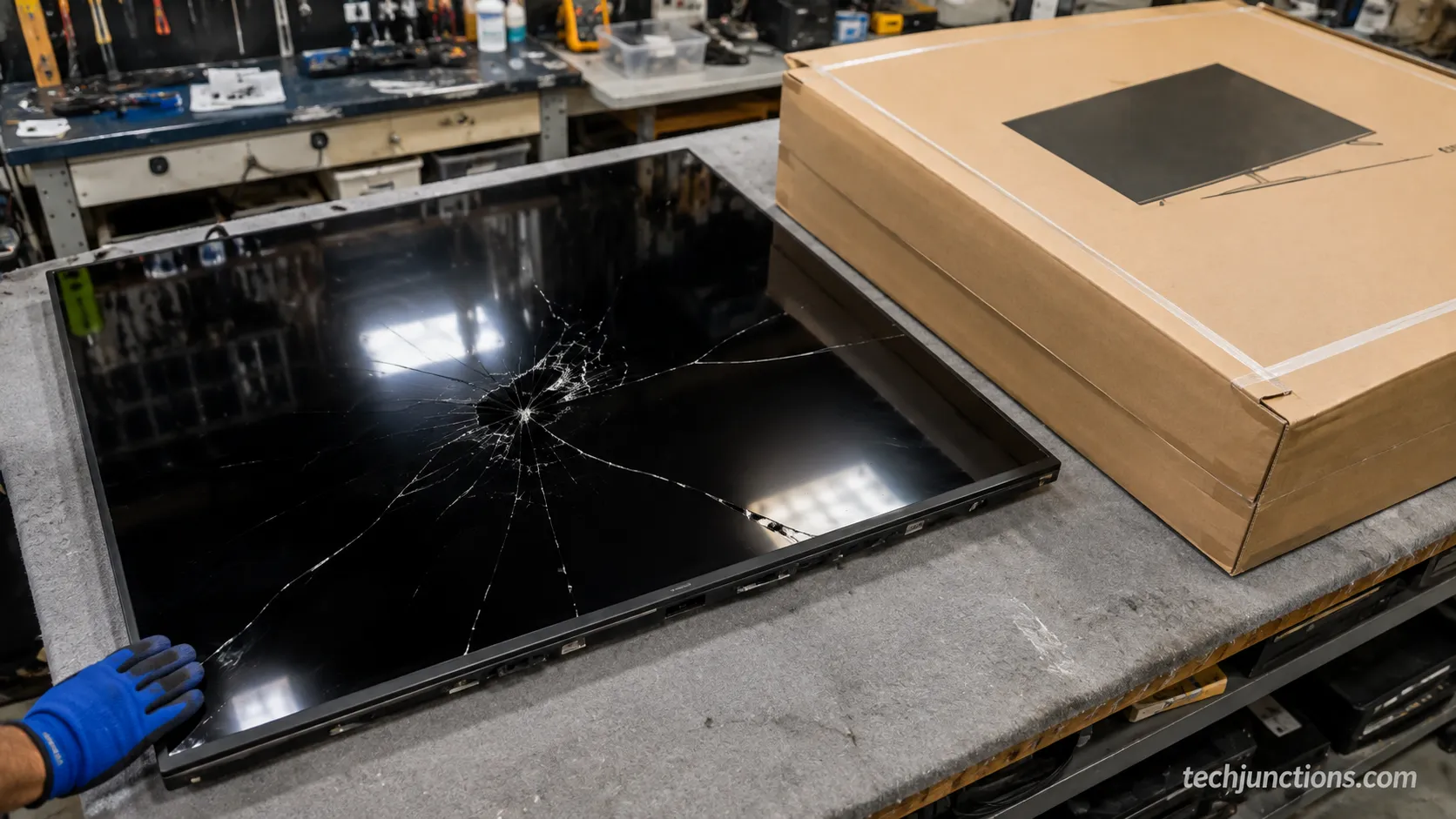 Cracked Samsung 65-inch TV panel on a repair bench beside a new TV box.