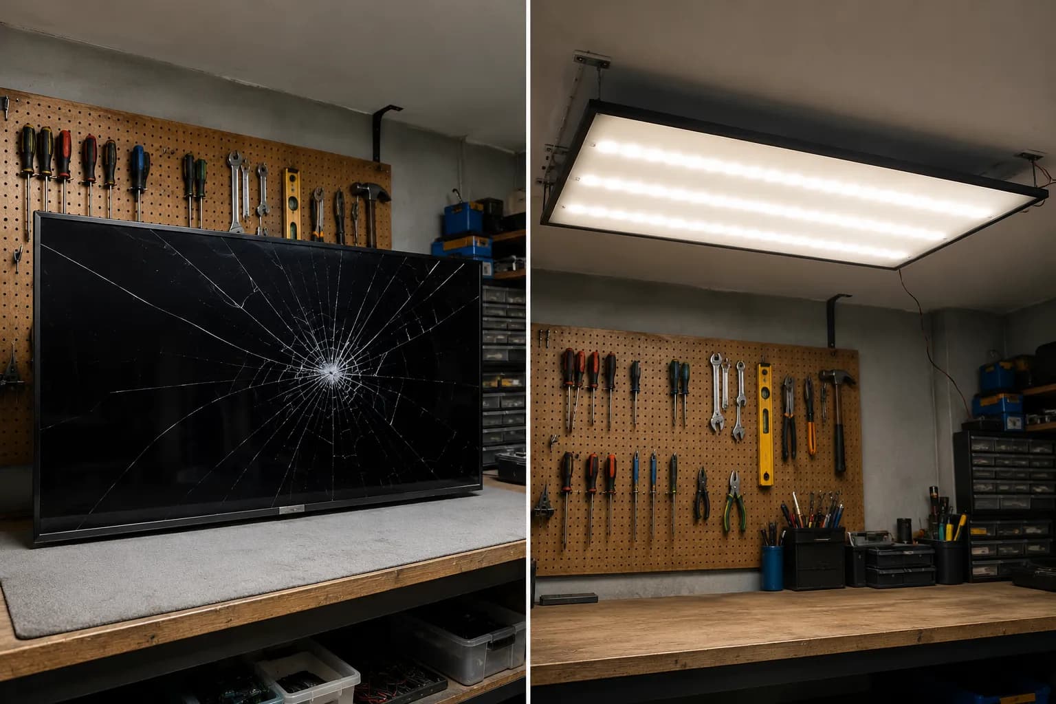 Before-and-after of a cracked TV panel salvaged into a glowing flat workshop light.