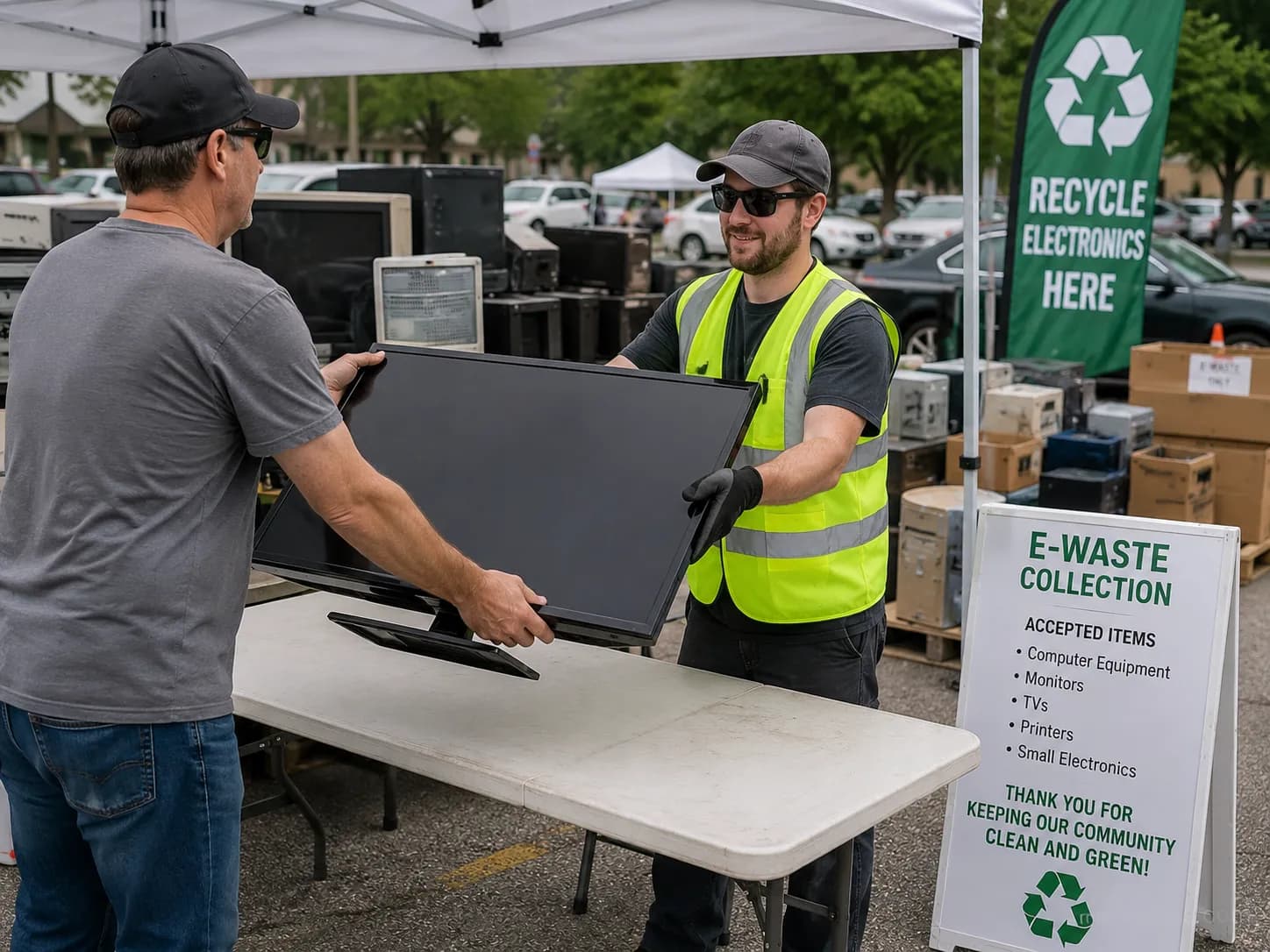 Person handing a flat-screen TV to a worker at an outdoor municipal e-waste collection event.