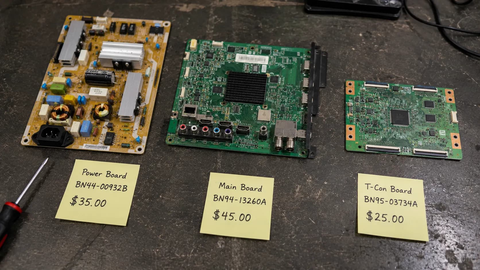 Salvaged TV circuit boards from a broken Samsung TV with resale price notes.