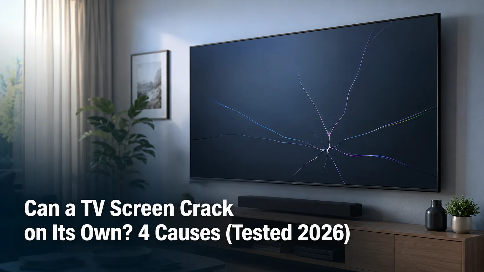 Wall-mounted flat-screen TV with a faint internal panel crack in a modern living room, illustrating common causes of TV screen cracks without visible external glass damage.