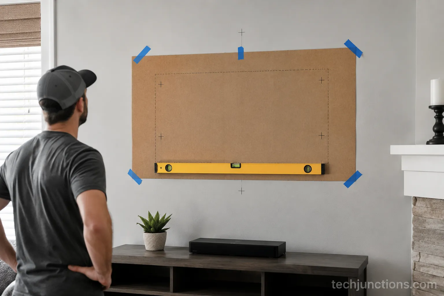 Cardboard TV template taped at the marked mounting height for a final pre-drill check.