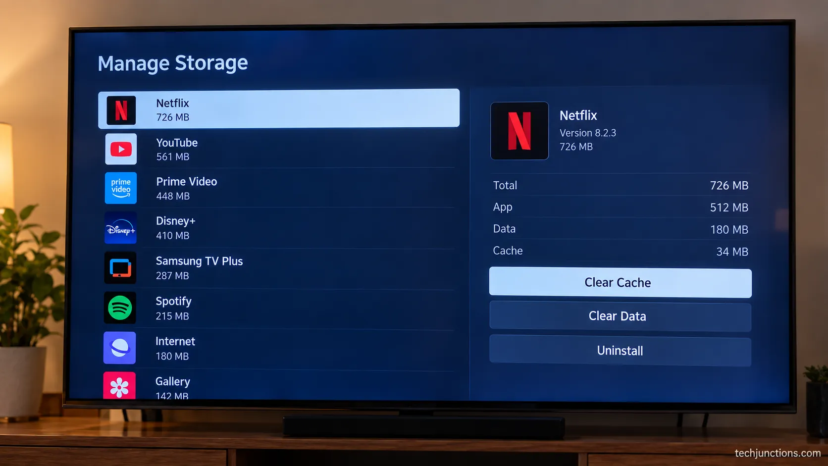 Samsung TV Manage Storage screen showing Netflix with a Clear Cache option during a cache-clearing fix.