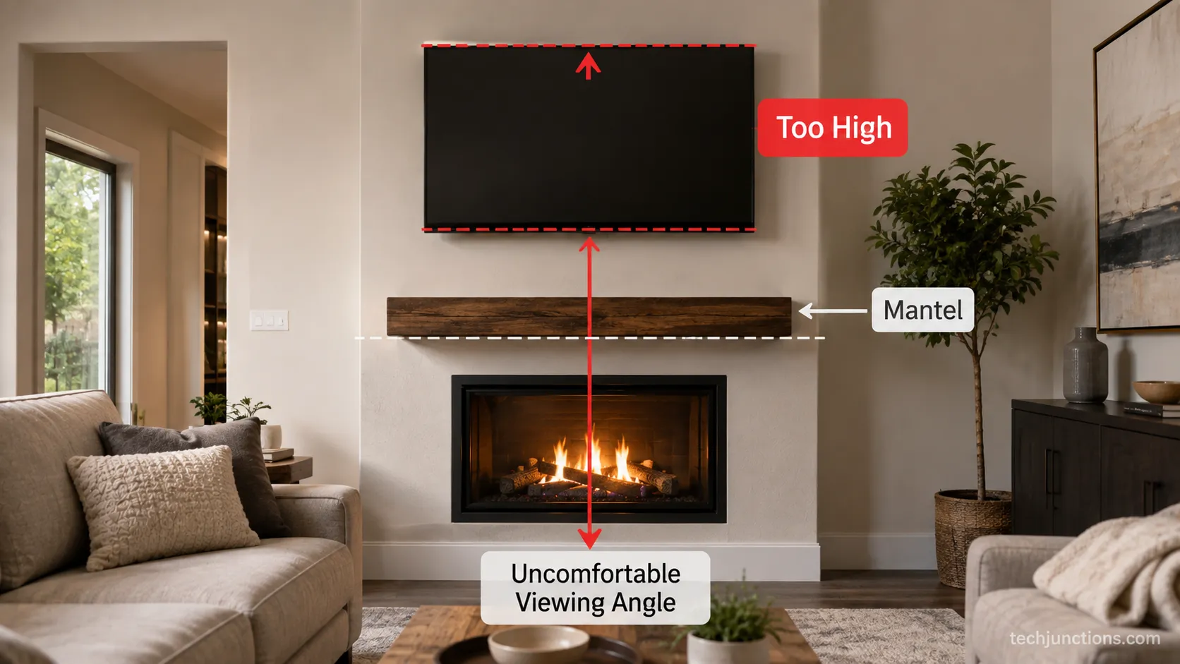 Common mistakes when mounting a TV above a fireplace annotated
