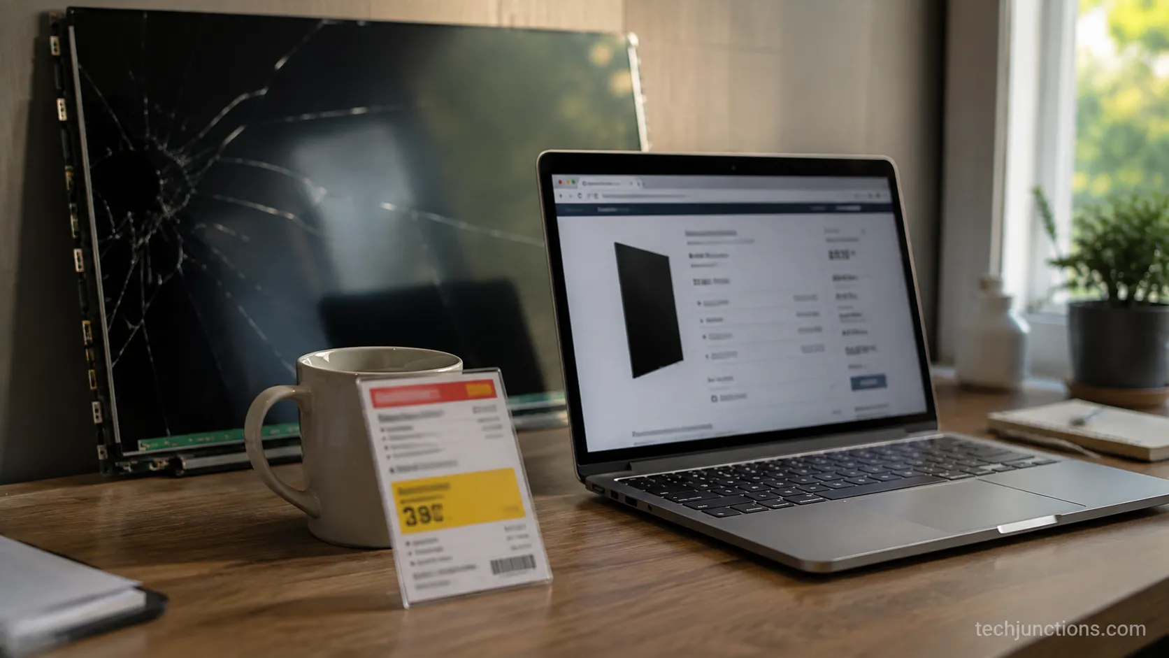 Laptop parts price beside a new-TV price tag with a cracked OLED panel behind.