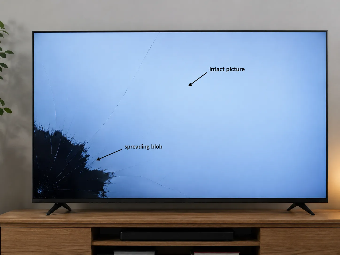 Annotated TV test screen showing a black blob spreading from the lower-left corner while the upper portion remains clear, illustrating progressive cracked LCD panel damage.