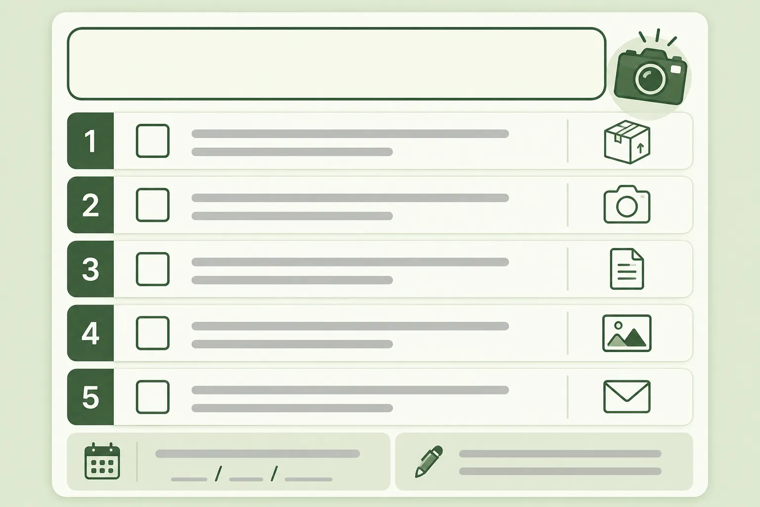 Five-step checklist infographic for inspecting a TV that arrives with a cracked screen, featuring empty checkboxes, camera and package icons for documenting damage.