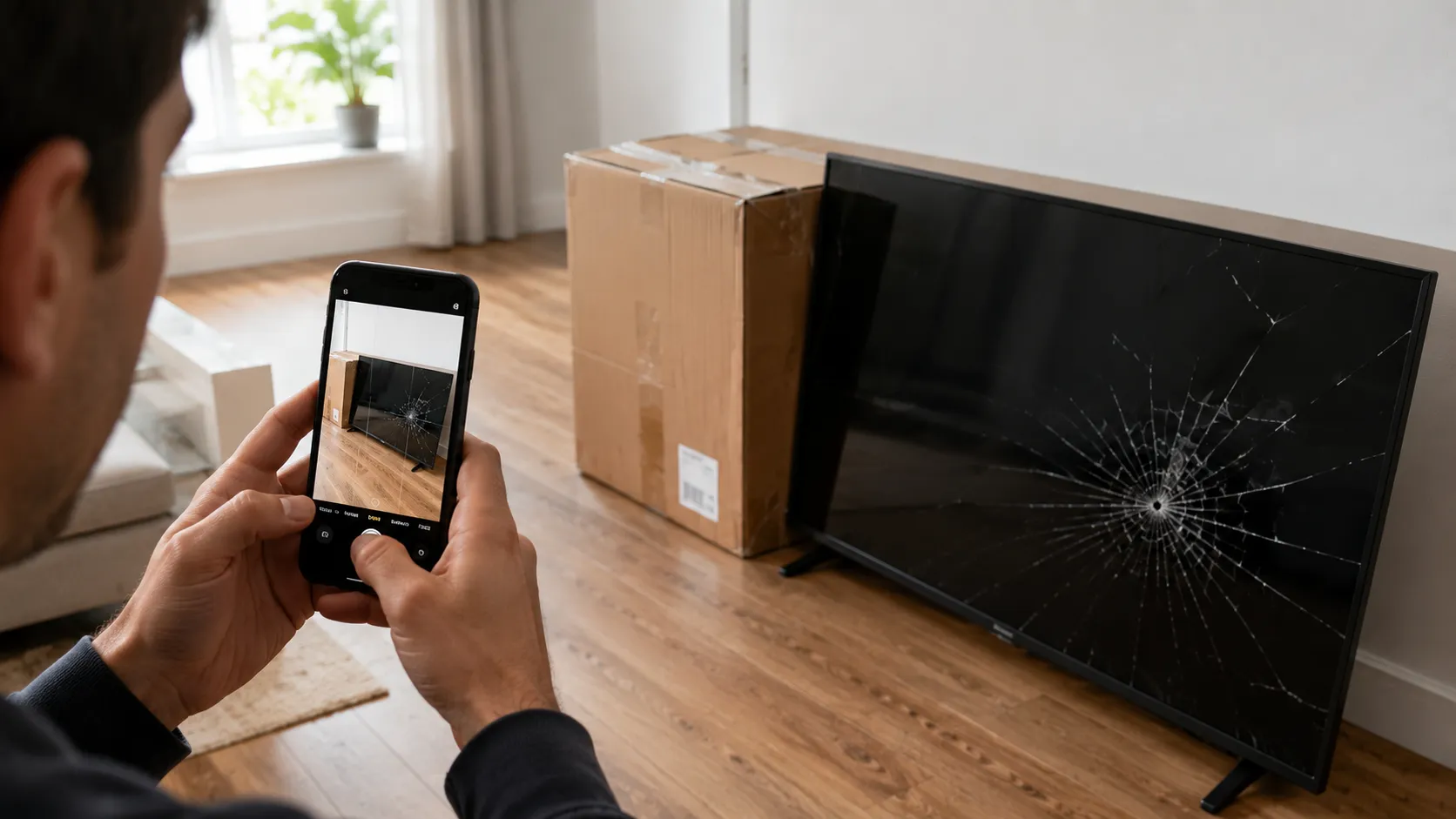 Photographing a cracked TV screen and its box before moving the set.