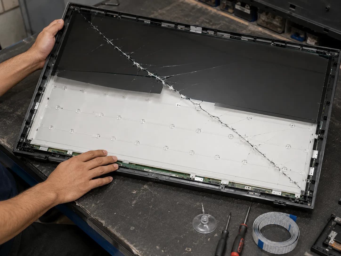 Opened TV showing a cracked fused LCD panel and backlight assembly.