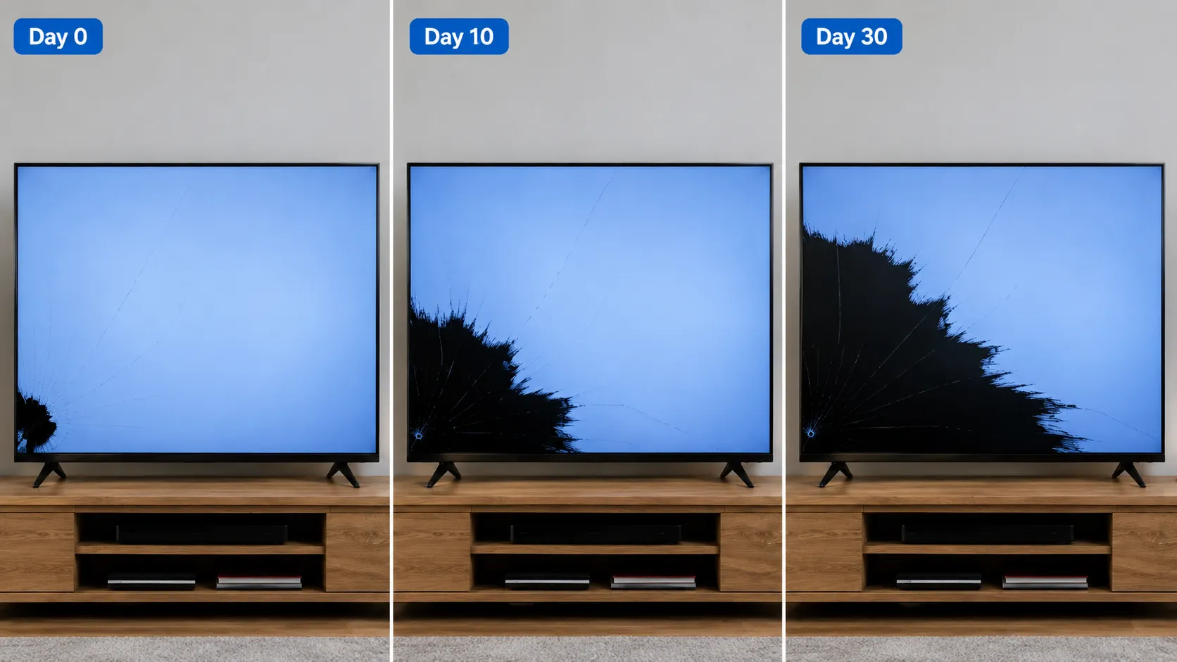 Three-panel comparison of a cracked TV screen on Day 0, Day 10, and Day 30, showing a black blob gradually spreading from the lower-left corner across the LCD panel.