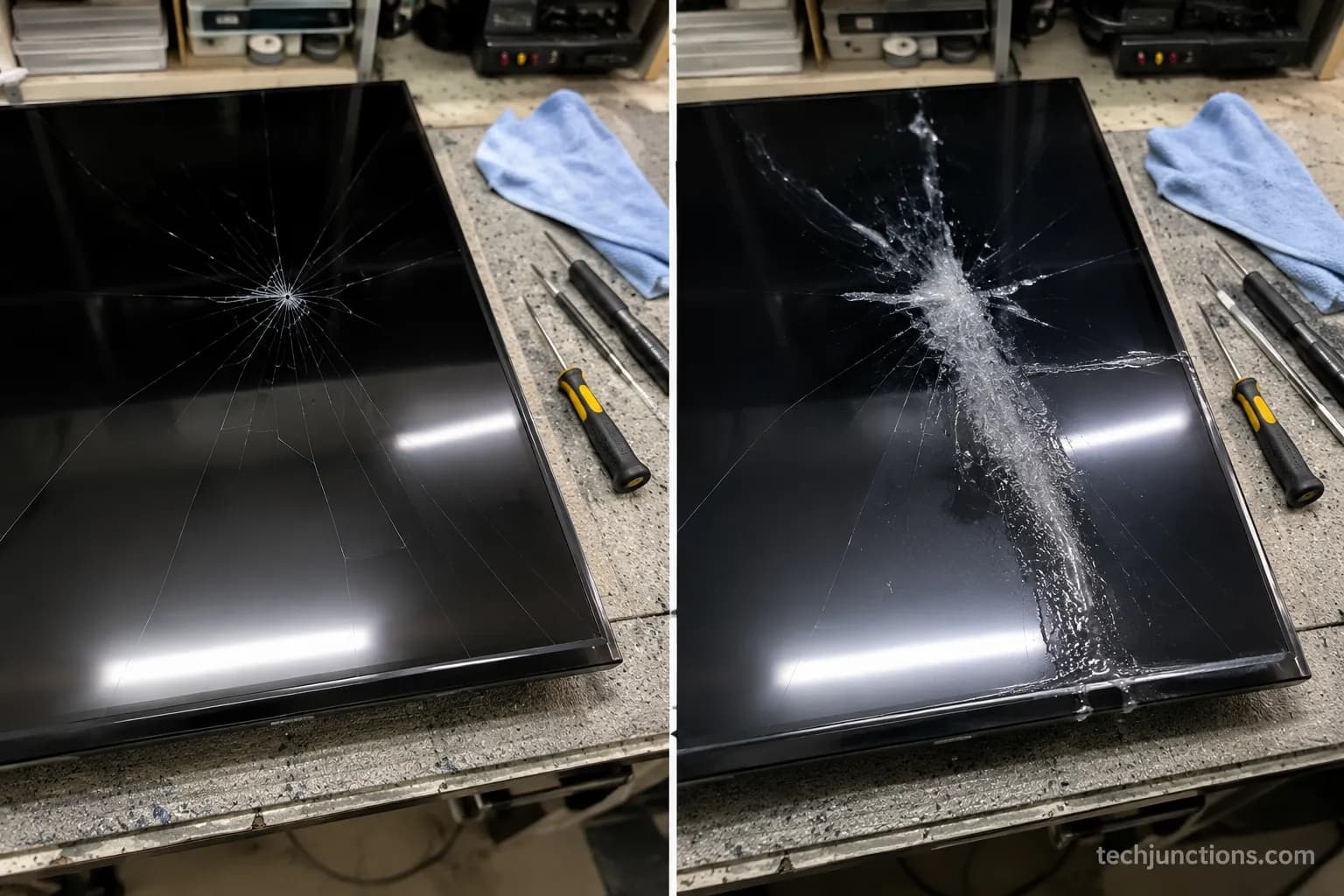 Cracked 43-inch TV screen before and after a failed epoxy attempt showing no repair and a cloudy surface.