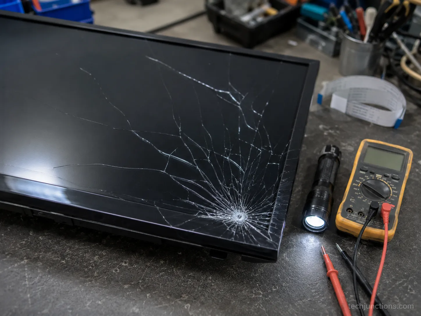 cracked TV screen on a repair bench during diagnosis.
