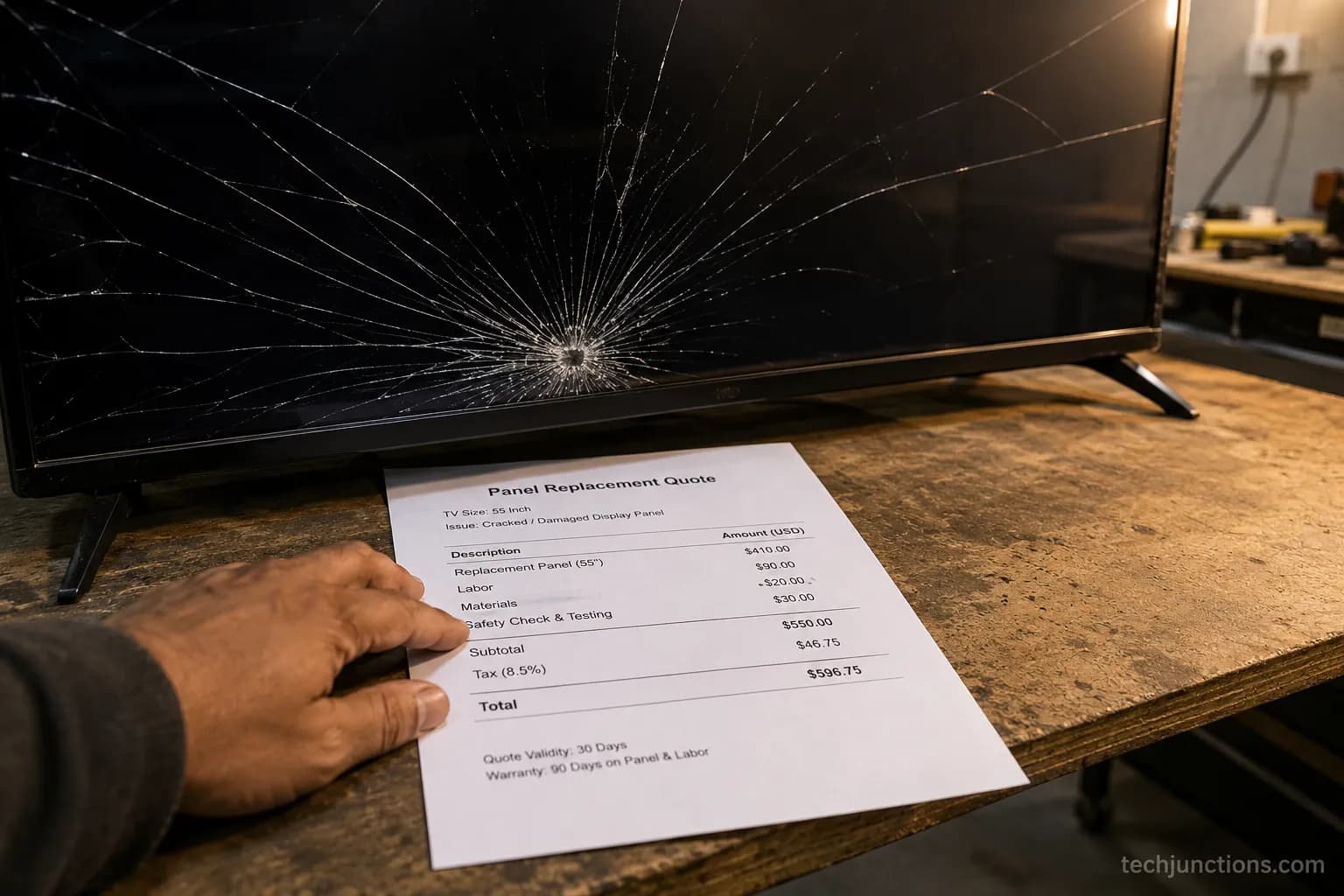 cracked tv screen beside a printed panel replacement quote on a workbench