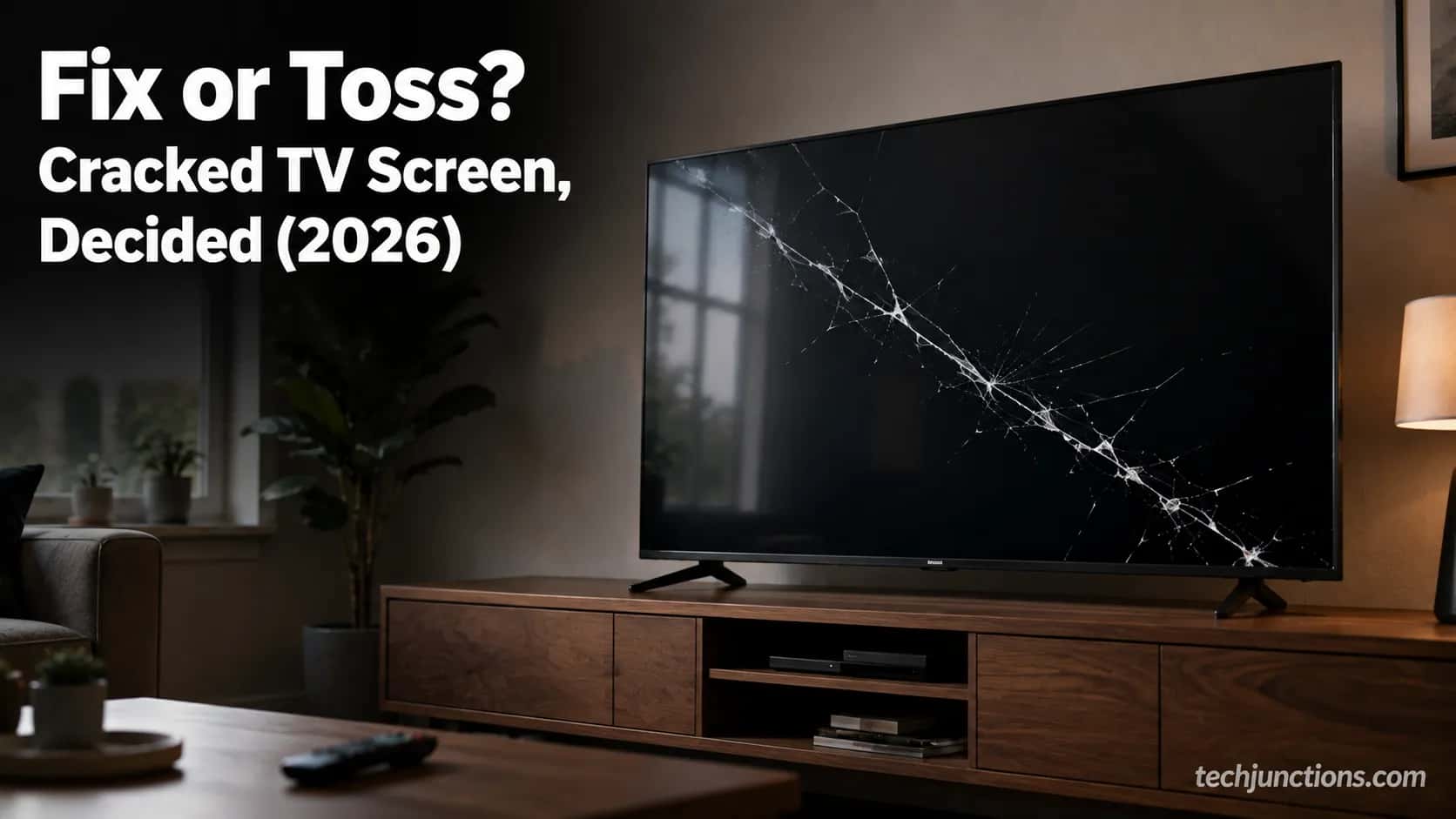 Cracked TV screen on a living-room console while an owner weighs repair, replace or salvage.