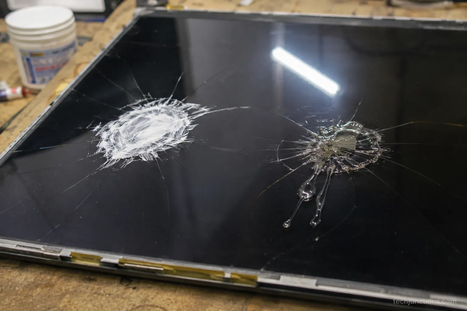 Cracked TV panel on a bench with toothpaste and epoxy applied, both failing to hide or repair the crack.