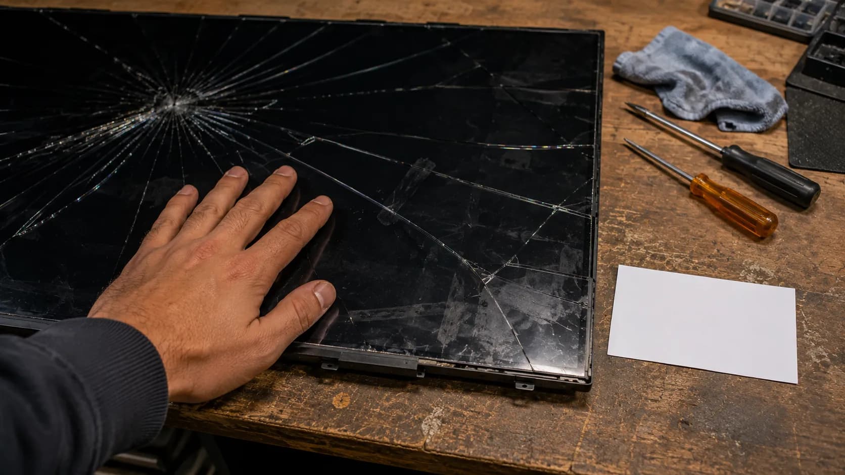 Technician’s hand on a cracked TV panel beside a repair verdict card on a workbench.