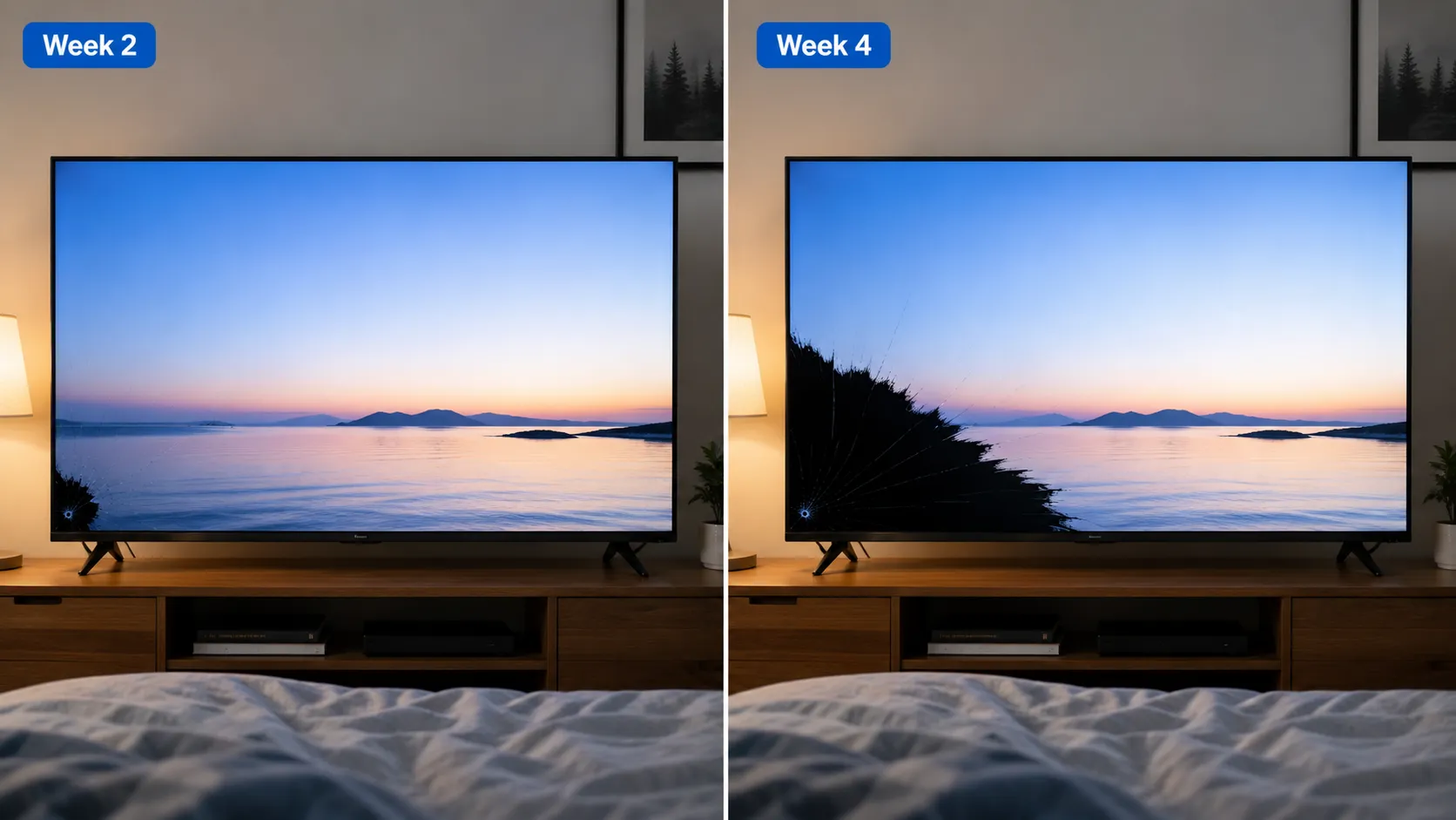 Side-by-side comparison of the same cracked TV screen at Week 2 and Week 4, showing a small black blob growing to cover the lower-left quarter of the LCD display.