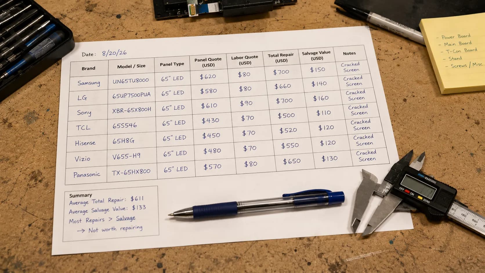 Repair-bench log of panel quotes versus salvage value by brand.