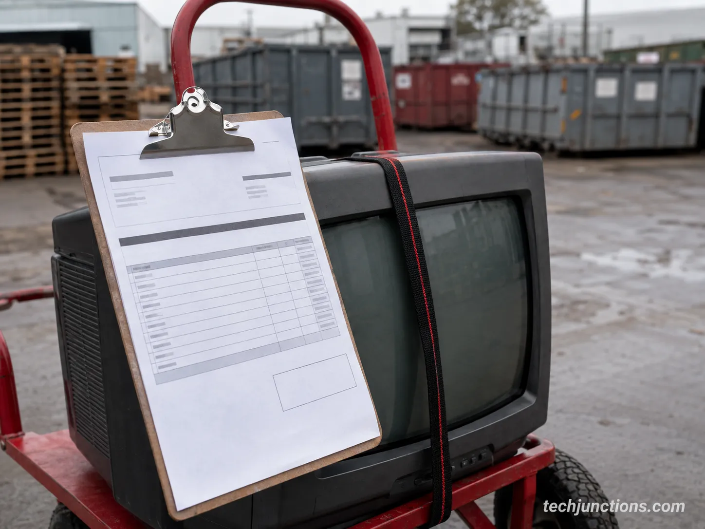 Itemized per-inch recycling invoice beside a CRT tube TV on a hand truck