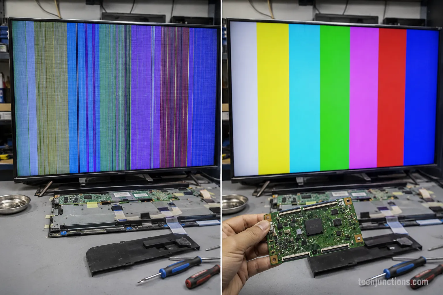 Before and after of a 55-inch TV showing vertical lines then a clean picture after a T-Con board swap.