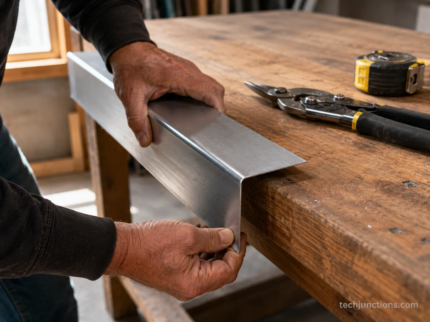 Hands bending aluminum flashing to build a DIY fireplace heat deflector.