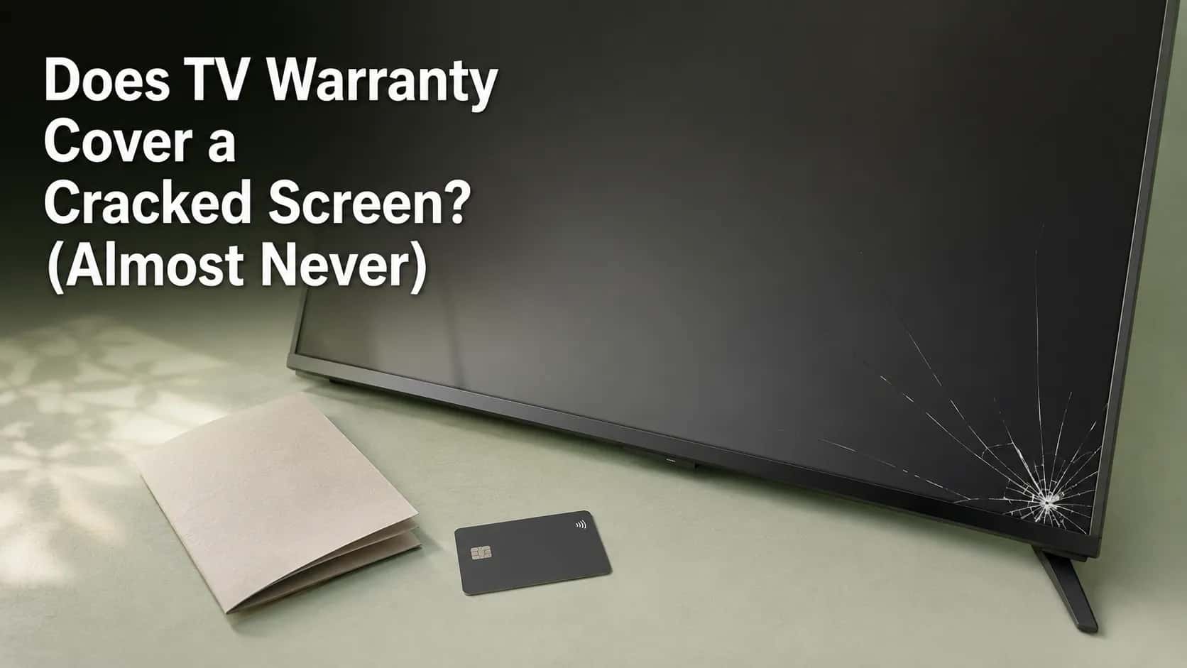 Cracked 65-inch flat-screen TV beside a warranty booklet and credit card, illustrating whether a TV warranty covers accidental screen damage or cracked displays.