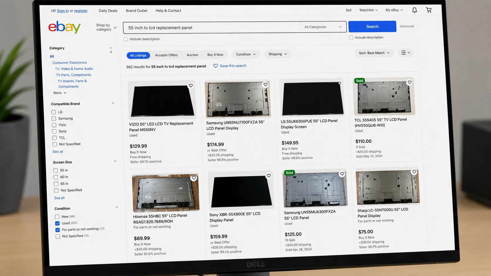 Desktop monitor showing eBay search results for used and salvage TV LCD replacement panels with listing photos, prices, seller ratings, and part descriptions.