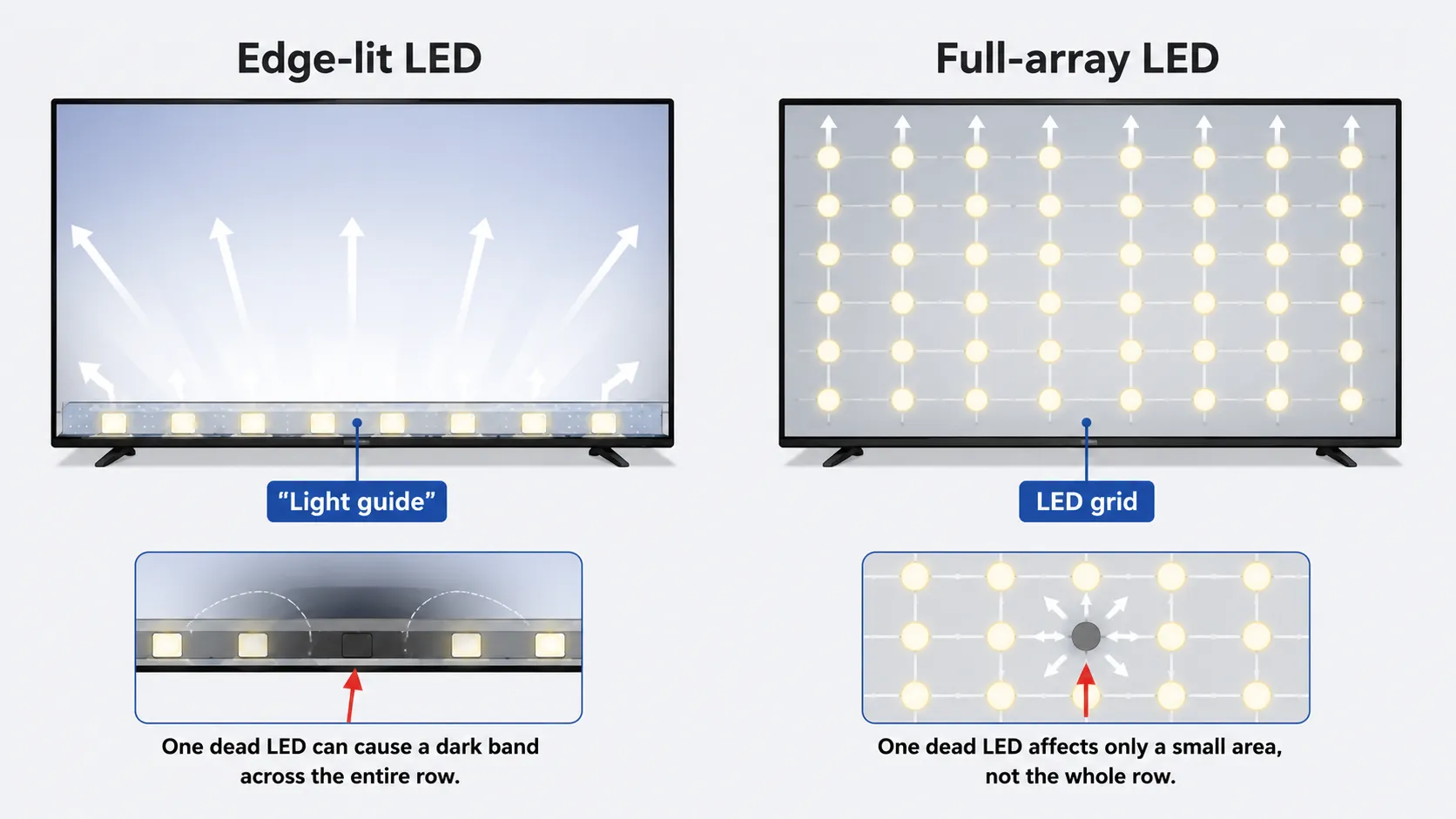 Diagram comparing edge-lit LED and full-array LED TV backlights, showing a light guide versus LED grid and explaining why one failed LED can darken an entire row in edge-lit TVs.
