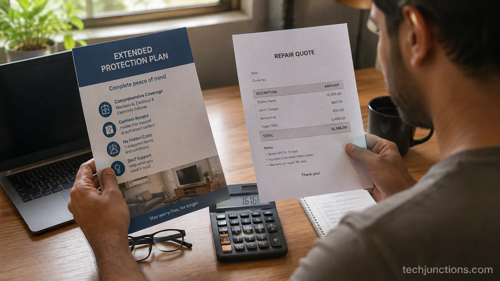 Person comparing an extended TV protection plan against a repair quote with a calculator.