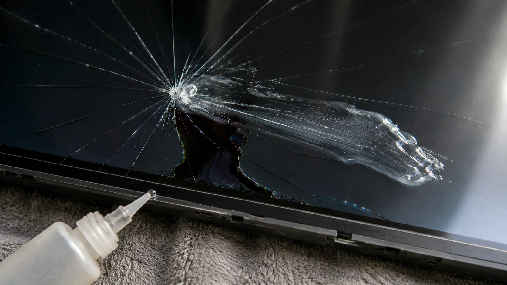 Failed liquid crack repair smeared across a cracked TV panel
