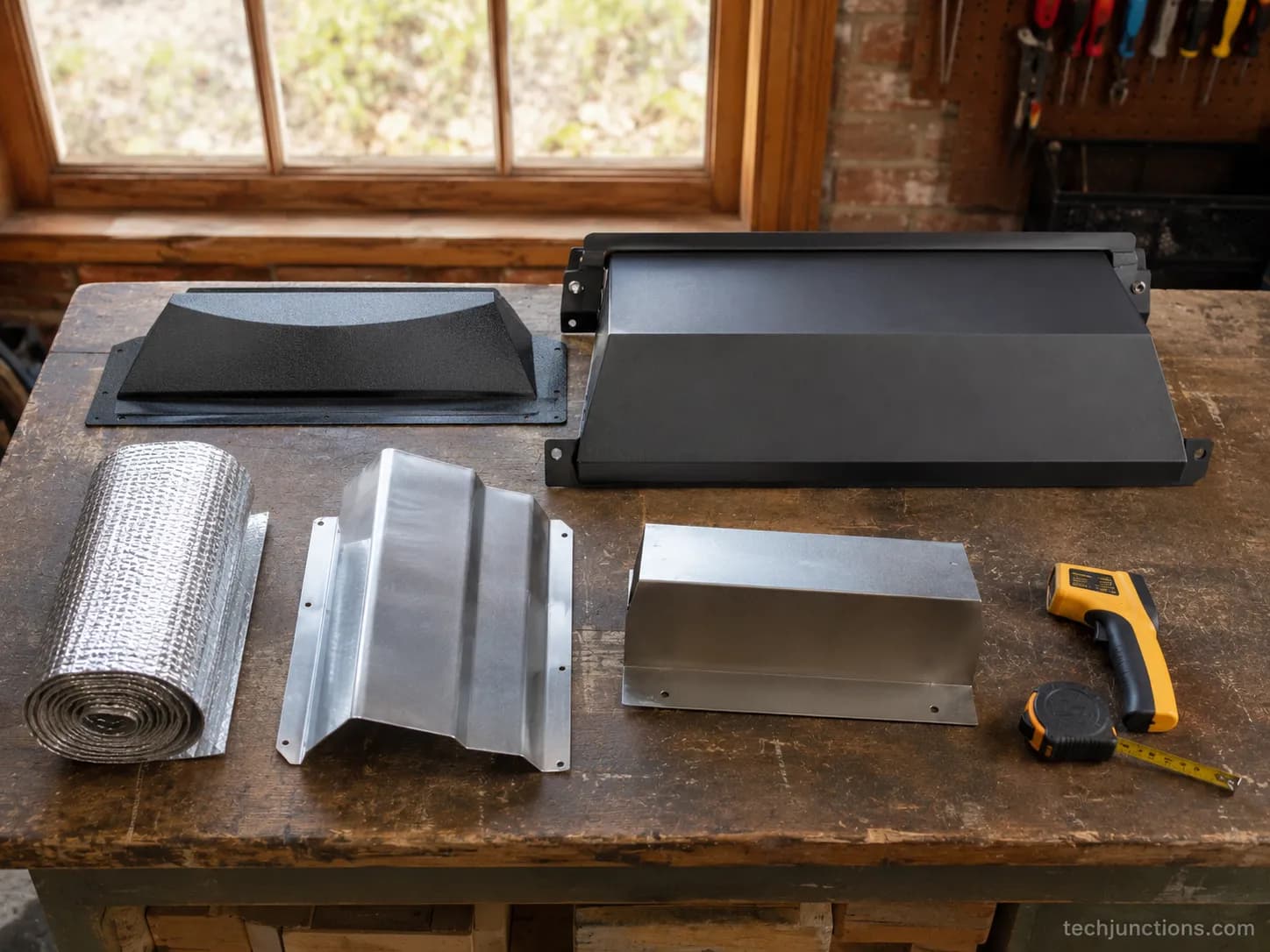 Five fireplace heat shields and deflectors arranged for testing.