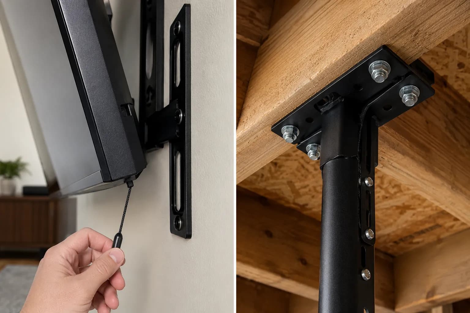 fixed tv mount pull-cord release and ceiling mount attached to a joist