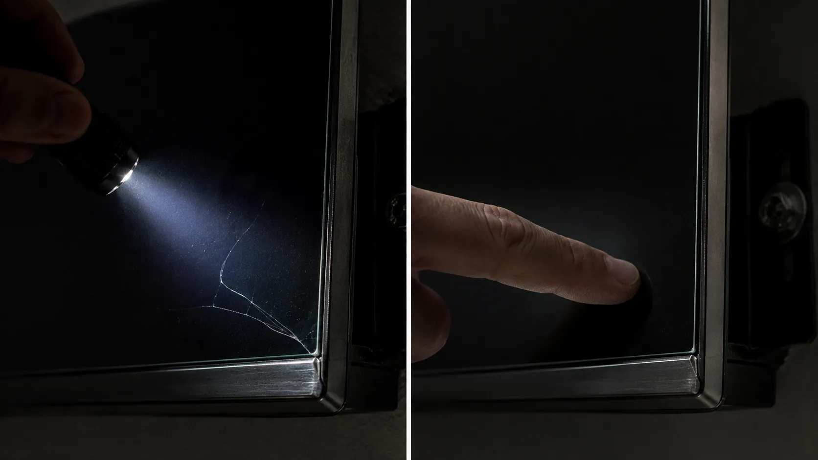 flashlight test at 45 degrees showing an internal TV screen crack under the glass versus a smooth external surface.