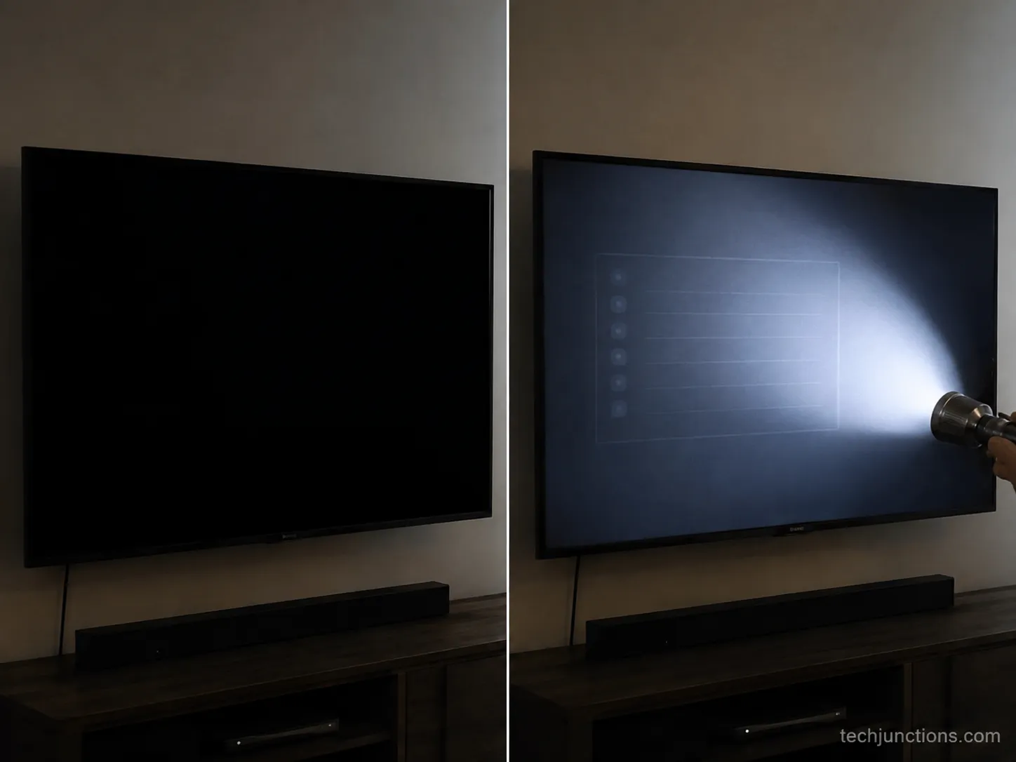 LED TV screen appears black, then shows a faint menu under an angled flashlight during the backlight test.