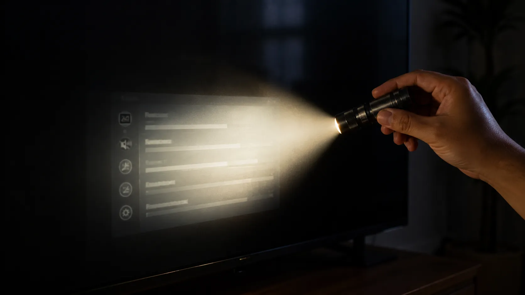 Hand holding a flashlight at a 45-degree angle toward a dark TV screen, revealing a faint settings menu to diagnose a failed LED TV backlight using the flashlight test.
