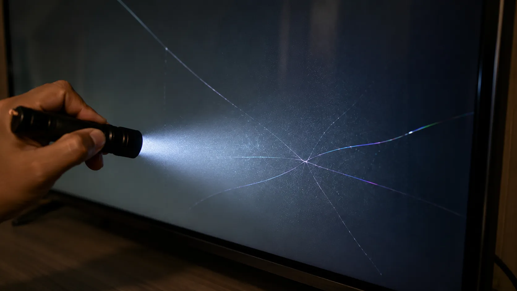 Hand shining a flashlight across a dark TV screen, revealing a faint internal spiderweb panel crack and colored lines beneath the intact outer glass during a crack inspection test.