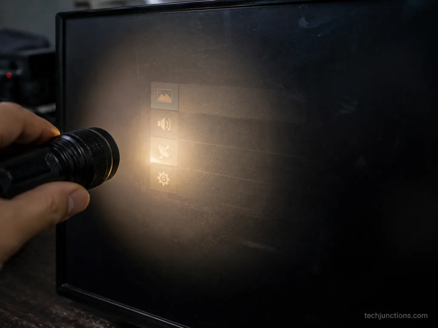 flashlight test showing a faint image on a dark TV screen.
