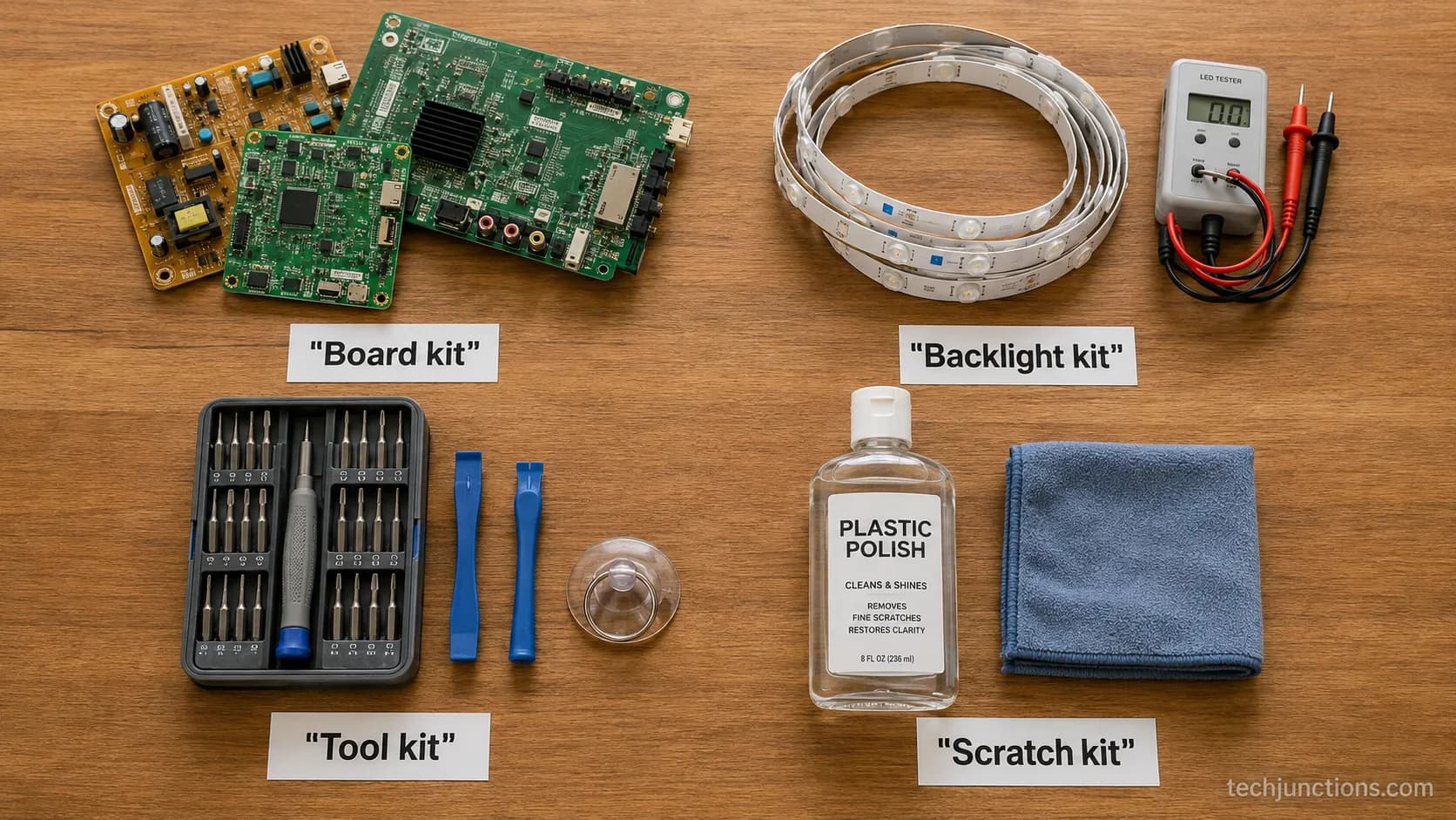 Labeled flat-lay of board, backlight, tool and scratch TV repair kits