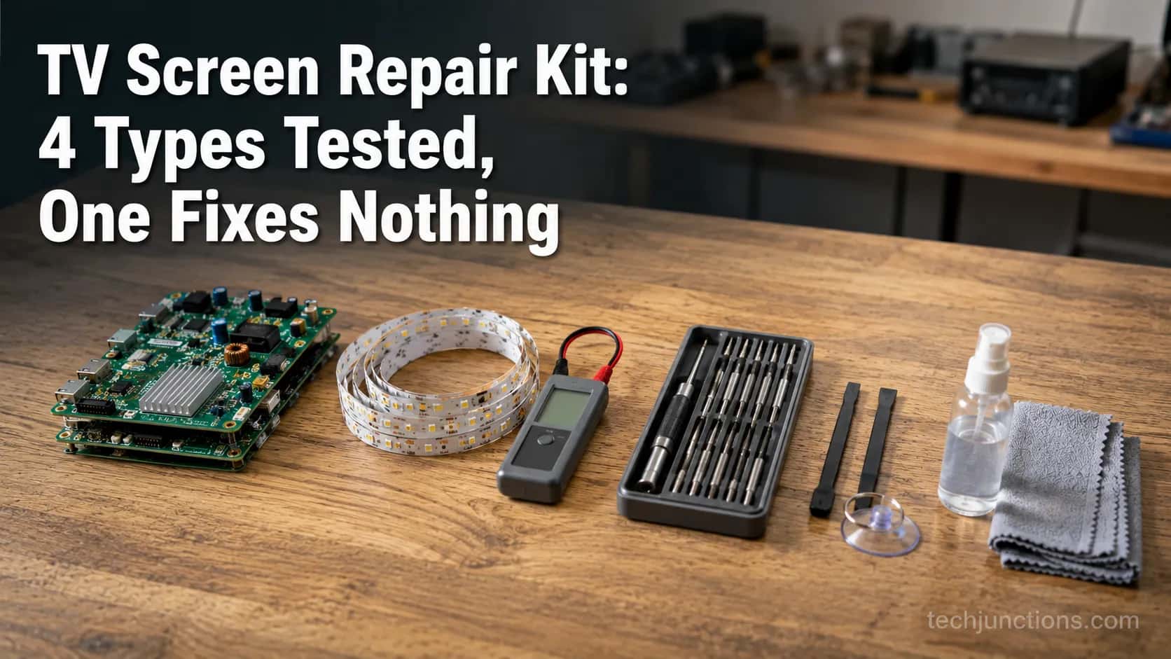 Four TV screen repair kit types laid out on a home workbench