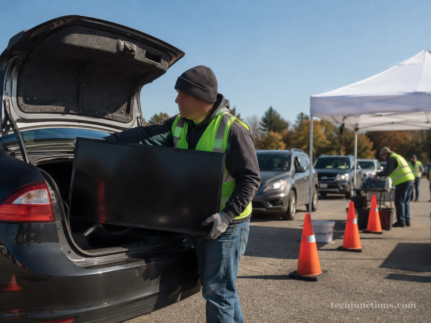Volunteer lifting a flat-screen TV from a car trunk at a free community e-waste event